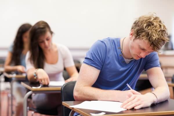 Students taking a test in a classroom