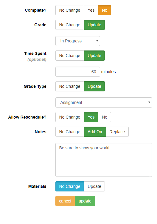 Bulk update OptionsBulk Update Options