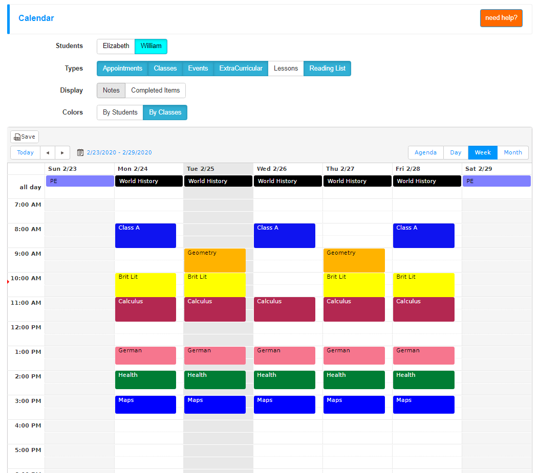 Color Coded Classes on Calendar