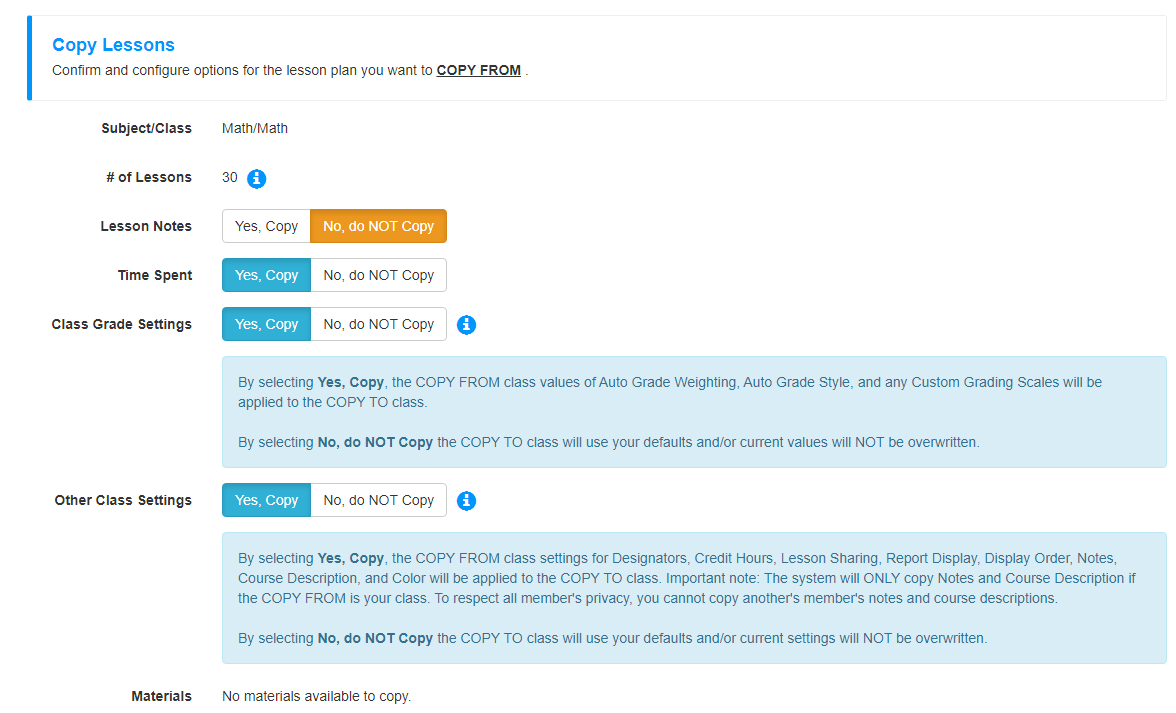 Copy Lessons: New "Copy Class Settings"