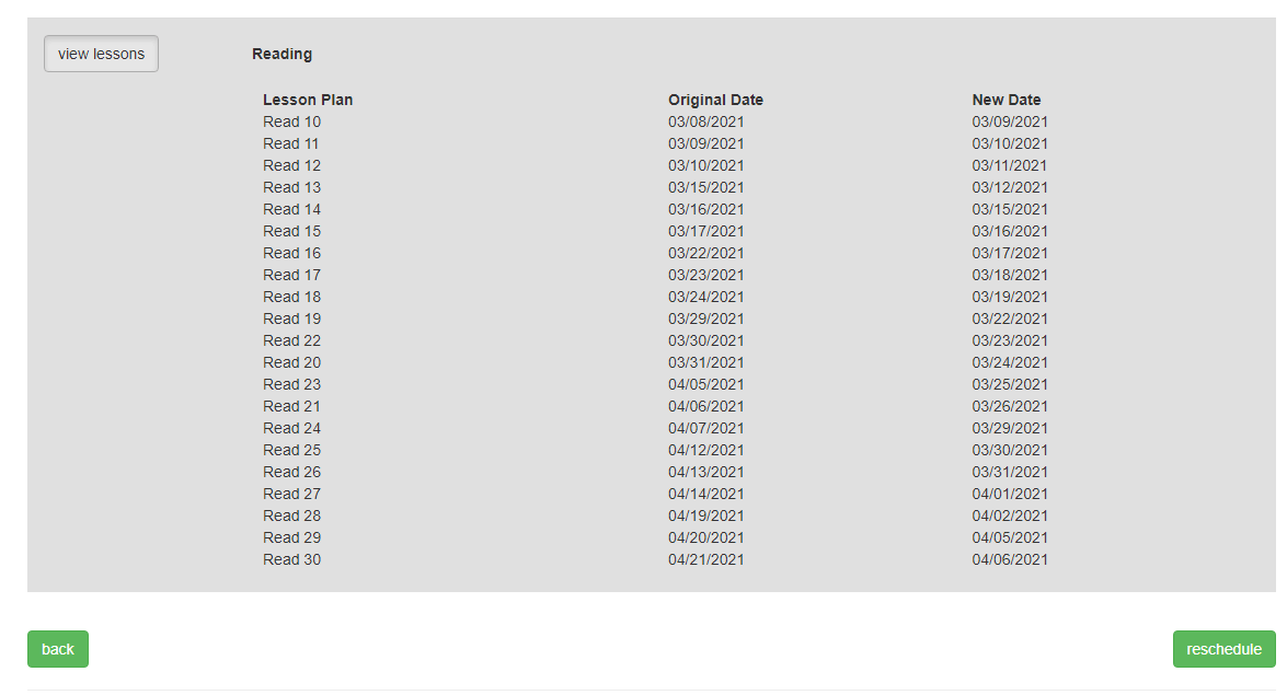 Preview Reschedule Lesson Dates